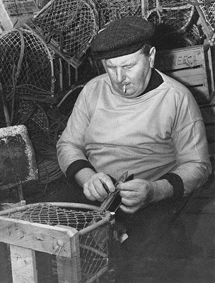 Jack Davies mending crab pots.