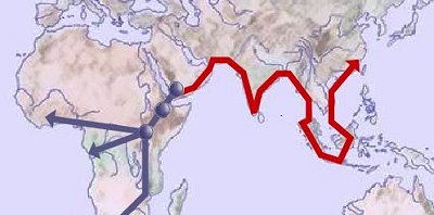 The 'Out of Africa' route in red.