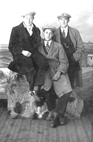 Bill, centre, brother Jack, right, friend J Tolly left.  Blackpool, c.1929.