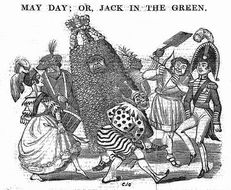 'Jack-in-the-Green' as political satire. Note the player on Pandean pipes and drum. From The Penny Satirist, 2 May 1840, page 1.